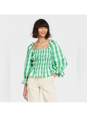 Who What Wear Green Gingham Smocked Peplum Top